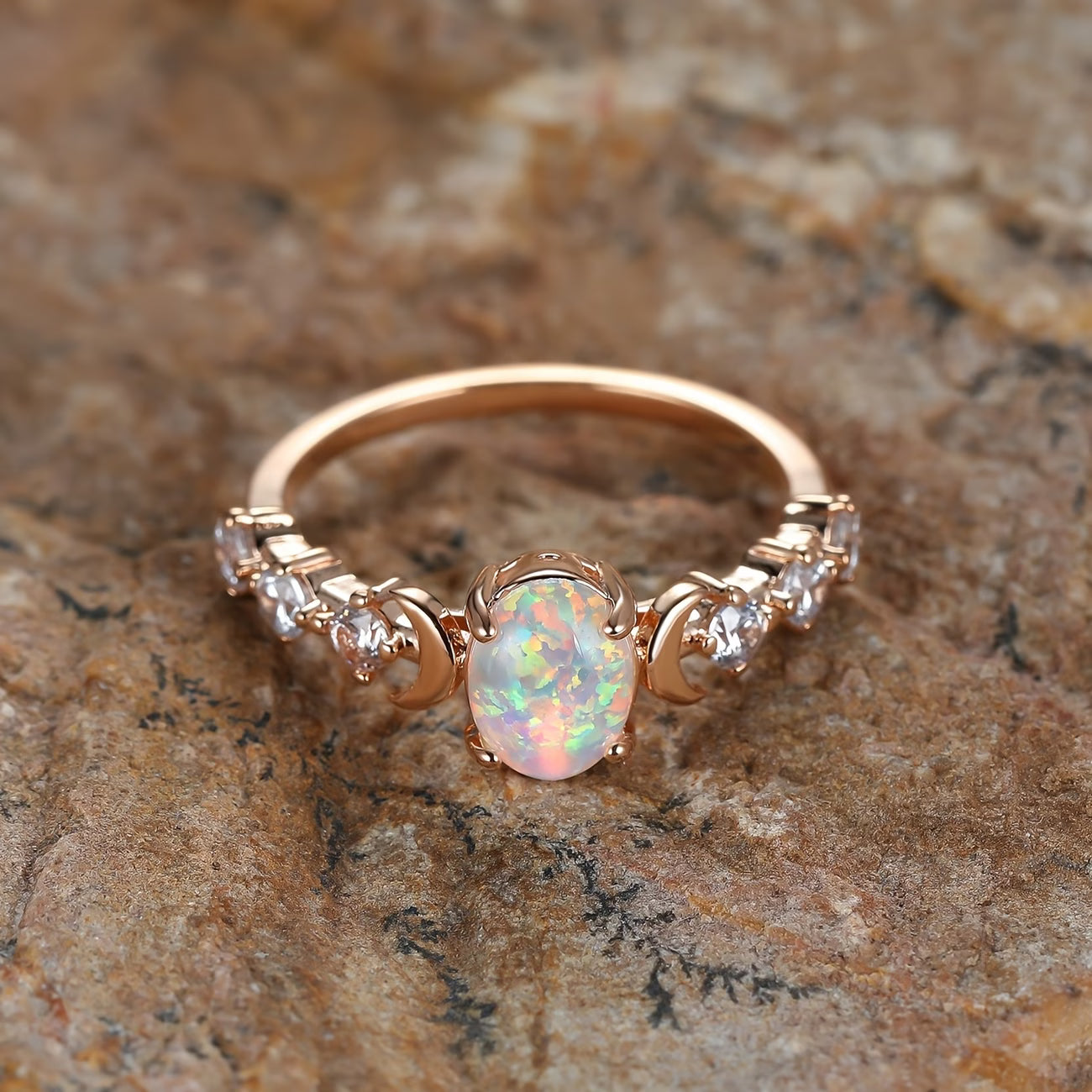 Opal Crescent Moon Ring | Rose Gold Maya Henry Jewelry