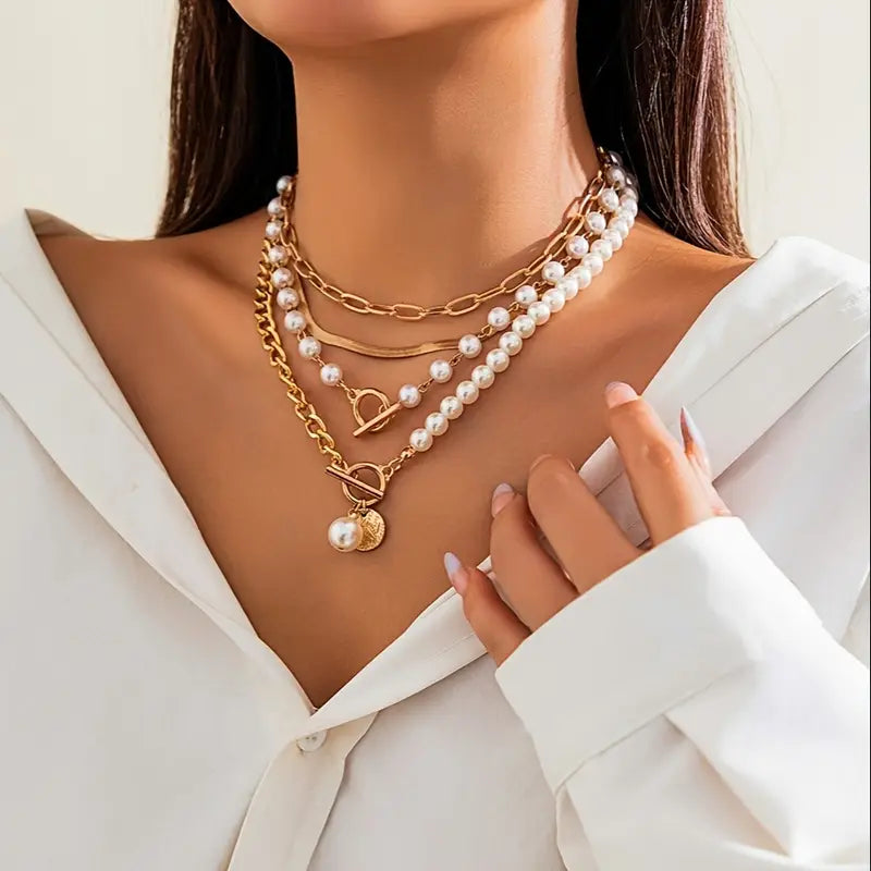 Vintage Pearl & Gold Snake Chain Necklace Set | Gold Maya Henry Jewelry