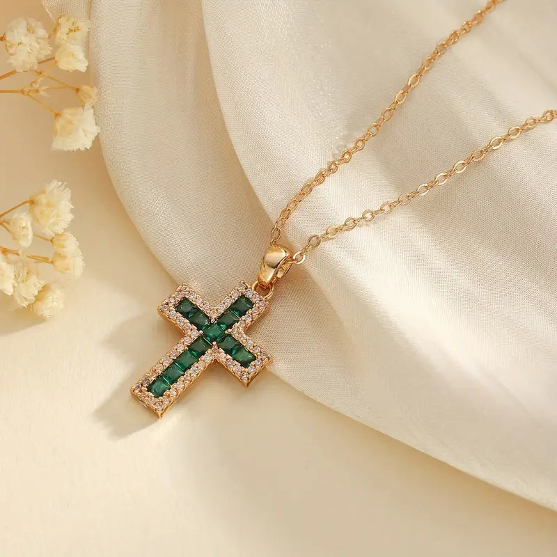 Solene Emerald Cross Pendant Necklace | Gold Maya Henry Jewelry