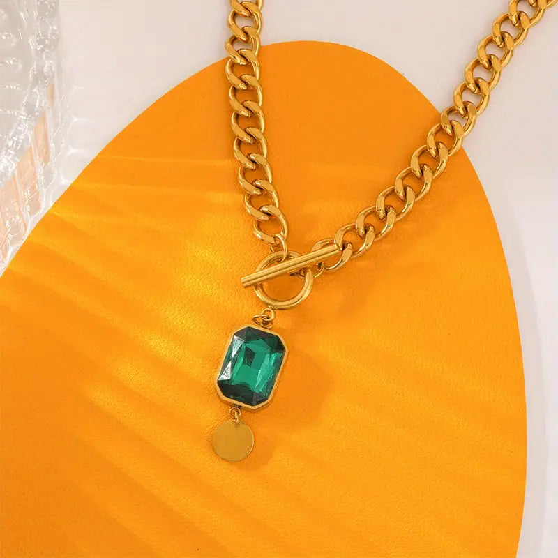 Chunky Chain Emerald Pendant Necklace | Gold Maya Henry Jewelry