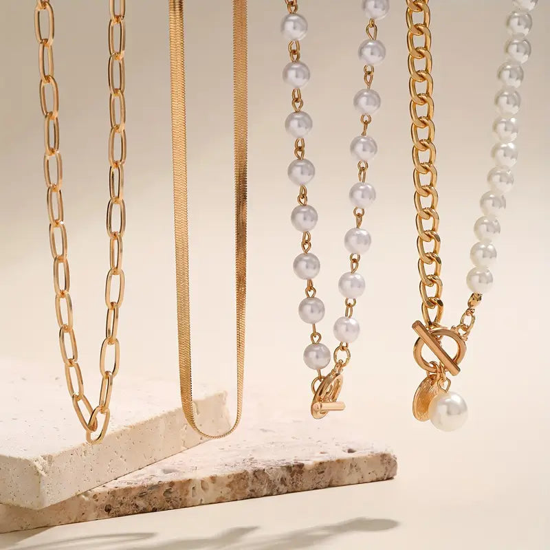 Vintage Pearl & Gold Snake Chain Necklace Set | Gold Maya Henry Jewelry