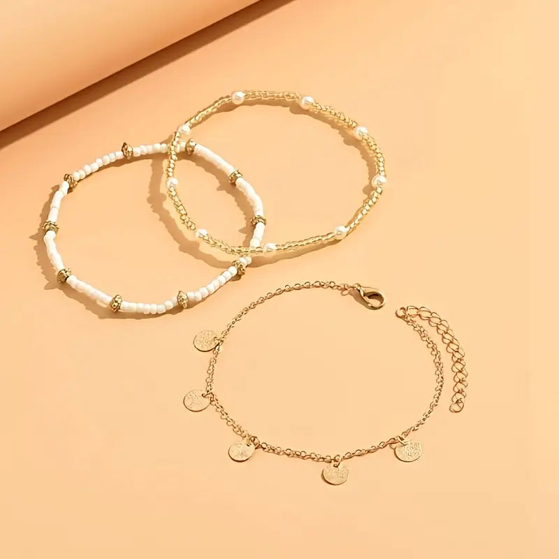 Coastal Charm 3-Piece Layered Anklet Set | Gold Maya Henry Jewelry