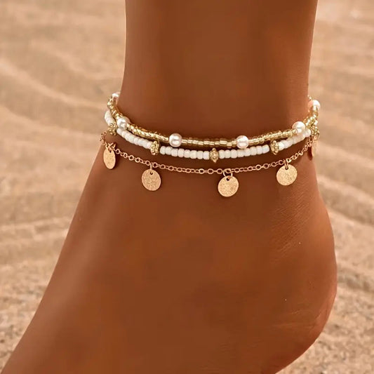Coastal Charm 3-Piece Layered Anklet Set | Gold Maya Henry Jewelry