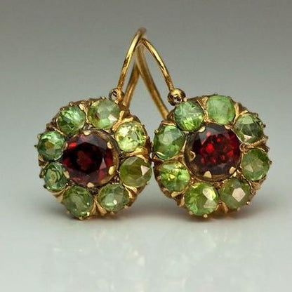 Vintage Rounded Green & Red Crystal Earrings | Gold Maya Henry Jewelry