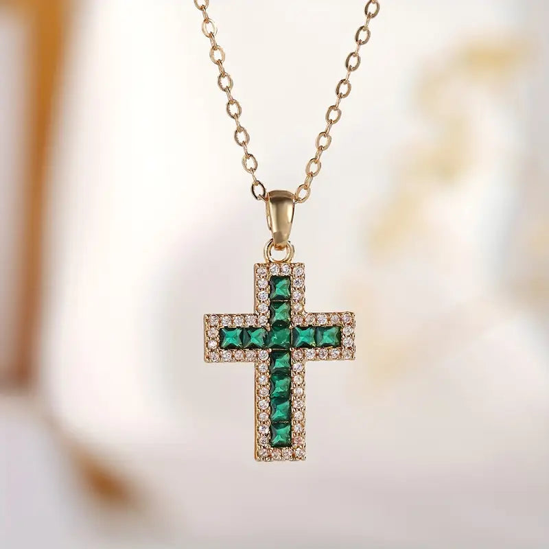 Solene Emerald Cross Pendant Necklace | Gold Maya Henry Jewelry
