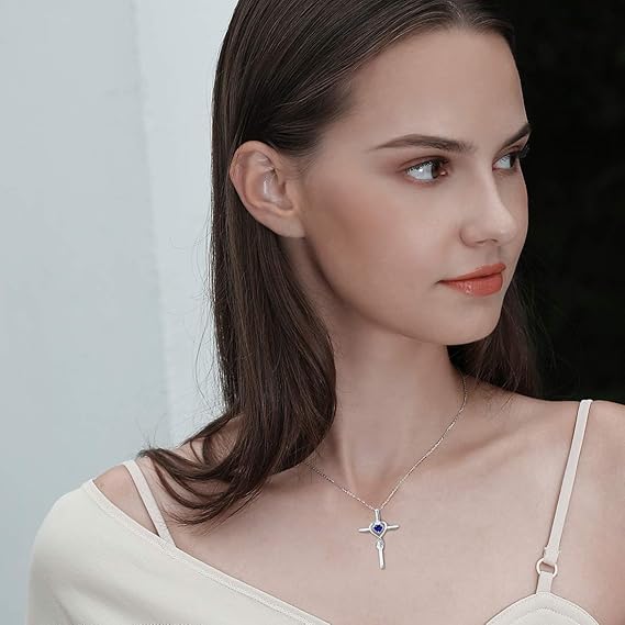 Sapphire Heart Stone Cross Necklace | White Gold Maya Henry Jewelry