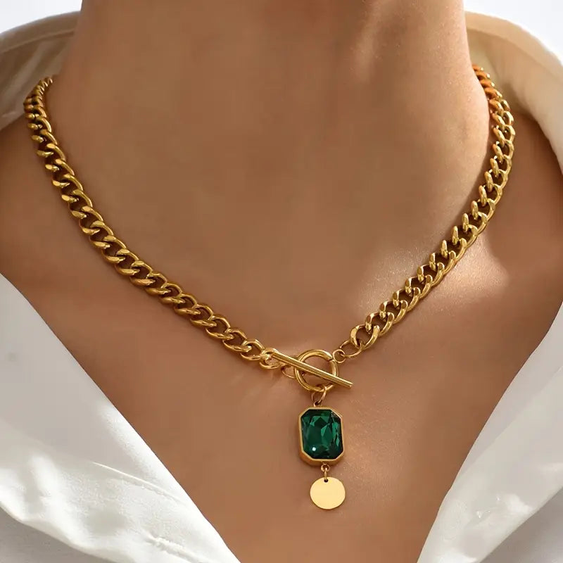 Chunky Chain Emerald Pendant Necklace | Gold Maya Henry Jewelry