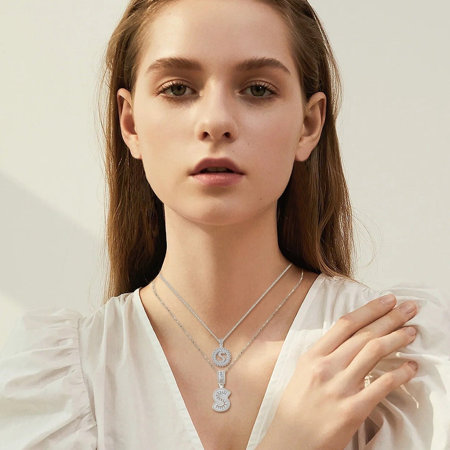 Pave letter initial necklace set | White Gold Maya Henry Jewelry