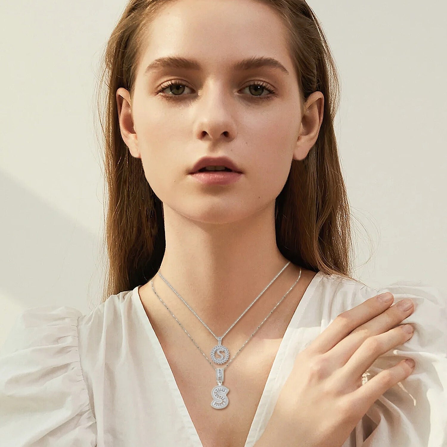Pave letter initial necklace set | White Gold Maya Henry Jewelry