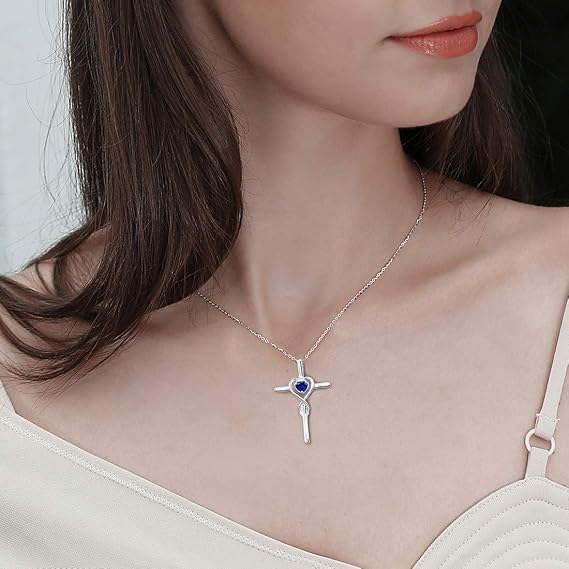 Sapphire Heart Stone Cross Necklace | White Gold Maya Henry Jewelry