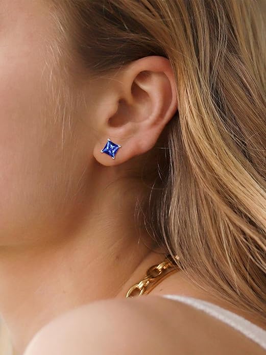 Minimalist Princess Cut Sapphire Stud Earrings | White Gold Maya Henry Jewelry