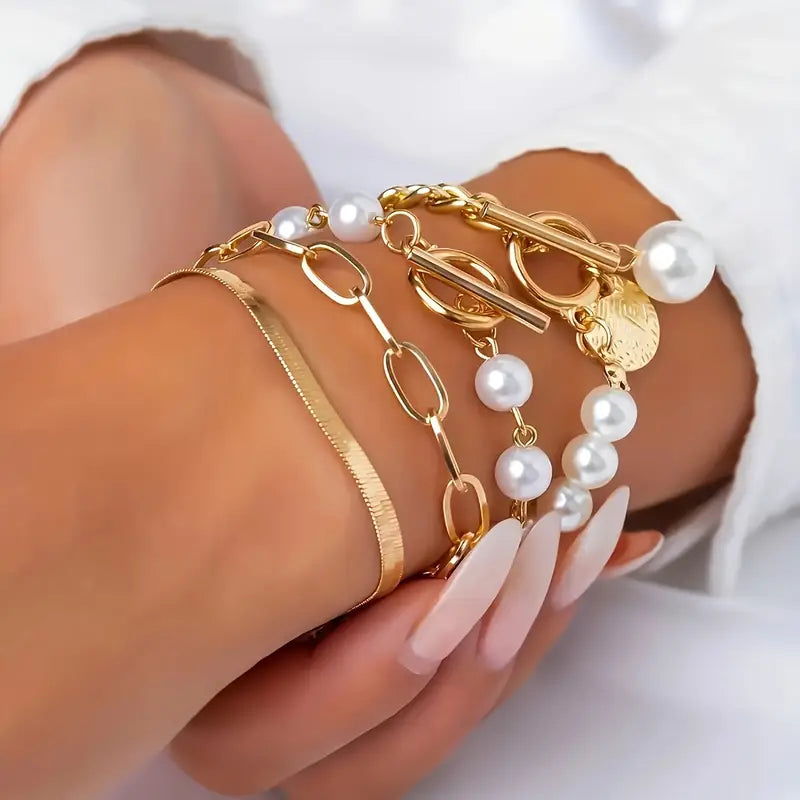 Chic Gold 4-Piece Bracelet Set - Snake, Pearls & Links | Gold Maya Henry Jewelry