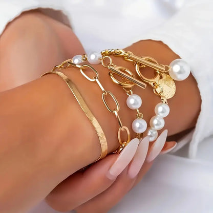 Chic Gold 4-Piece Bracelet Set - Snake, Pearls & Links | Gold Maya Henry Jewelry