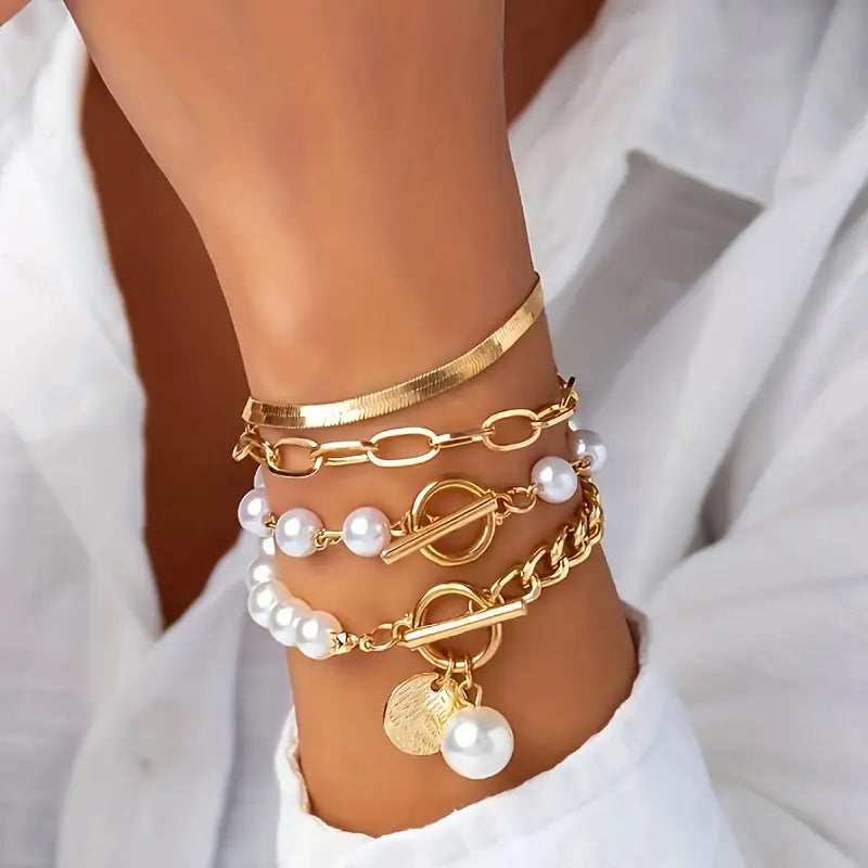 Chic Gold 4-Piece Bracelet Set - Snake, Pearls & Links | Gold Maya Henry Jewelry