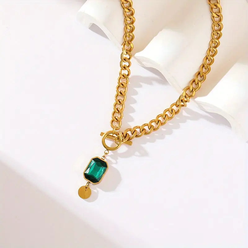 Chunky Chain Emerald Gold  Pendant Necklace Maya Henry Jewelry