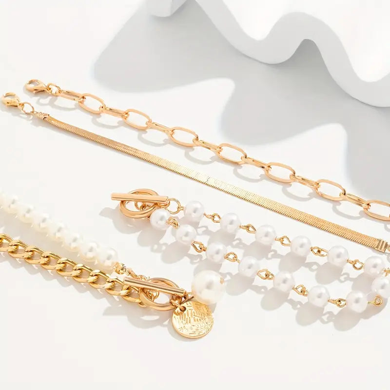 Chic Gold 4-Piece Bracelet Set - Snake, Pearls & Links | Gold Maya Henry Jewelry