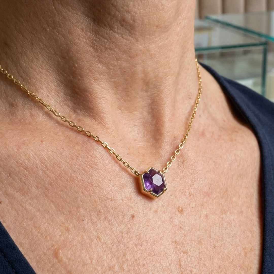 Amethyst Bezel Pendant Necklace | Rose Gold Maya Henry Jewelry