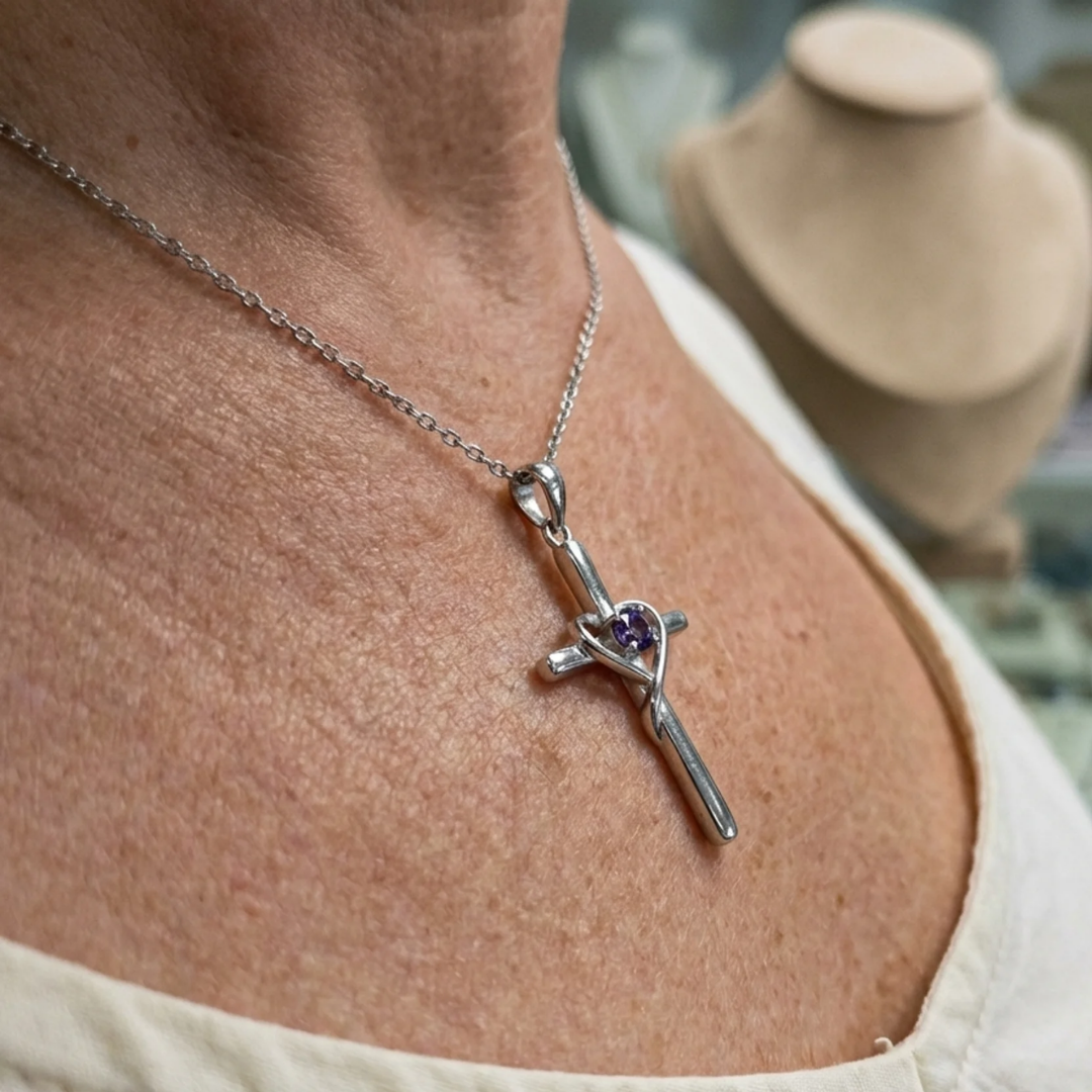 Amethyst Center Cross Necklace | White Gold Maya Henry Jewelry