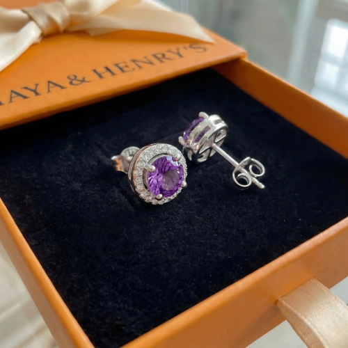 Amethyst Round Pave Studs | White Gold Maya Henry Jewelry