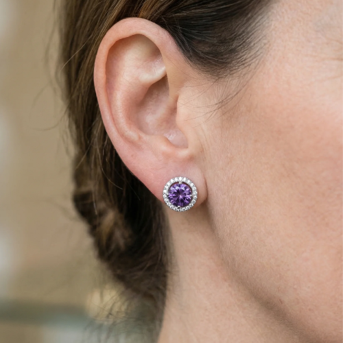 Amethyst Round Pave Studs | White Gold Maya Henry Jewelry