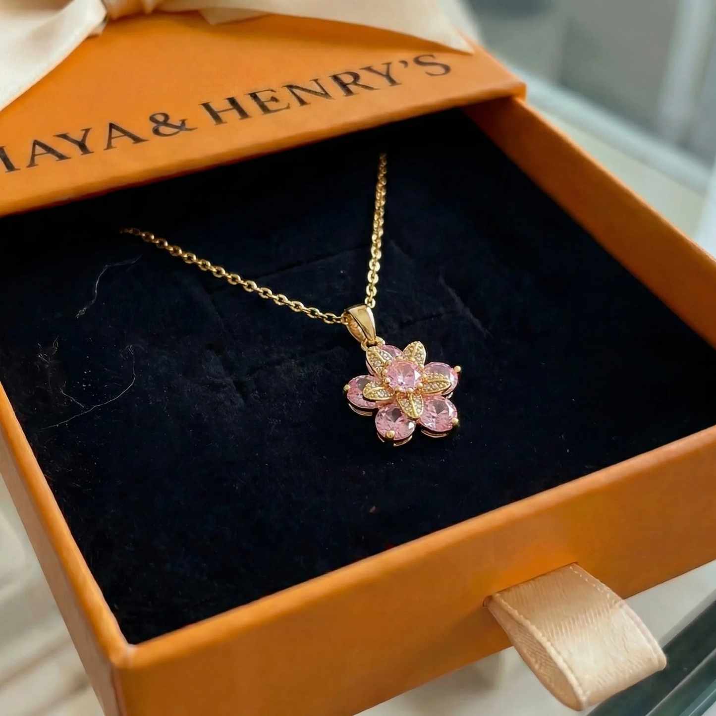 Amorea Pink Flower Necklace | Gold Maya Henry Jewelry