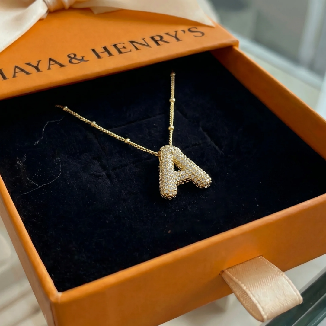 Bubble letter initial necklace set | Gold Maya Henry Jewelry
