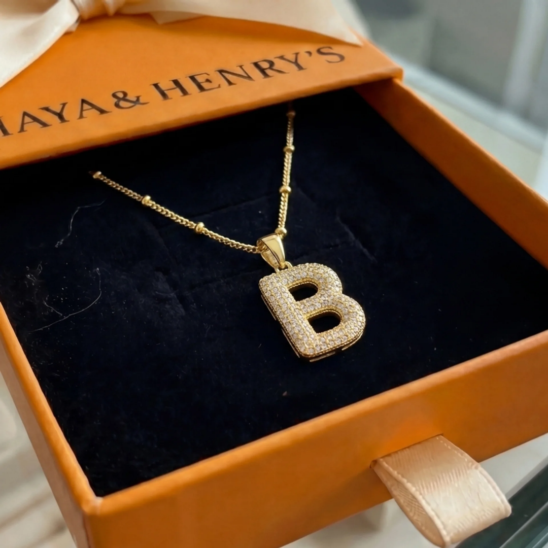 Bubble letter initial necklace set | Gold Maya Henry Jewelry