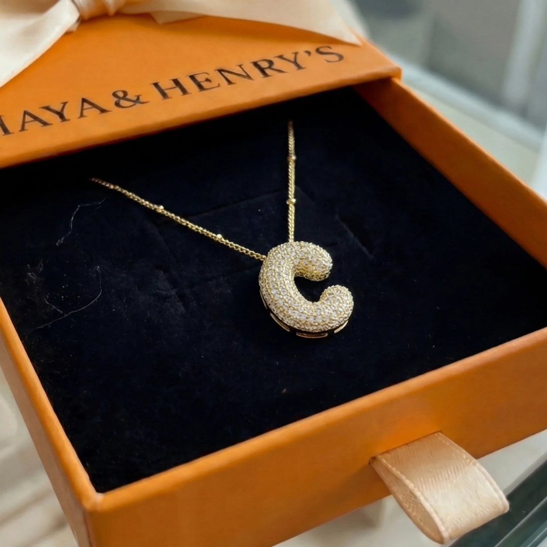 Bubble letter initial necklace set | Gold Maya Henry Jewelry