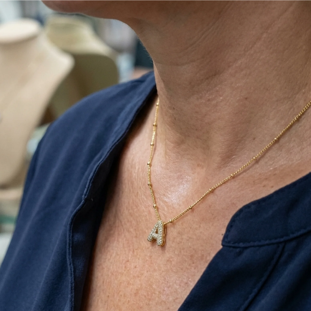 Bubble letter initial necklace set | Gold Maya Henry Jewelry