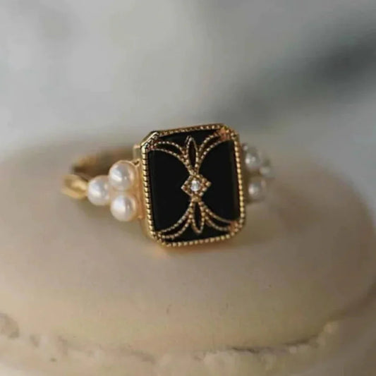 Antique Black Pearl Golden Ring | Gold Maya Henry Jewelry