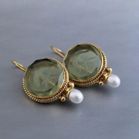 Antique Rounded Green Stone Pearl Earrings | White Gold Maya Henry Jewelry