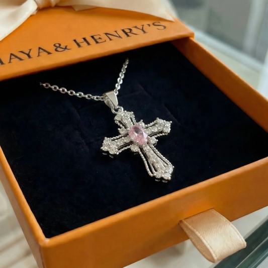 Celestial Pink Cross Necklace | White Gold Maya Henry Jewelry