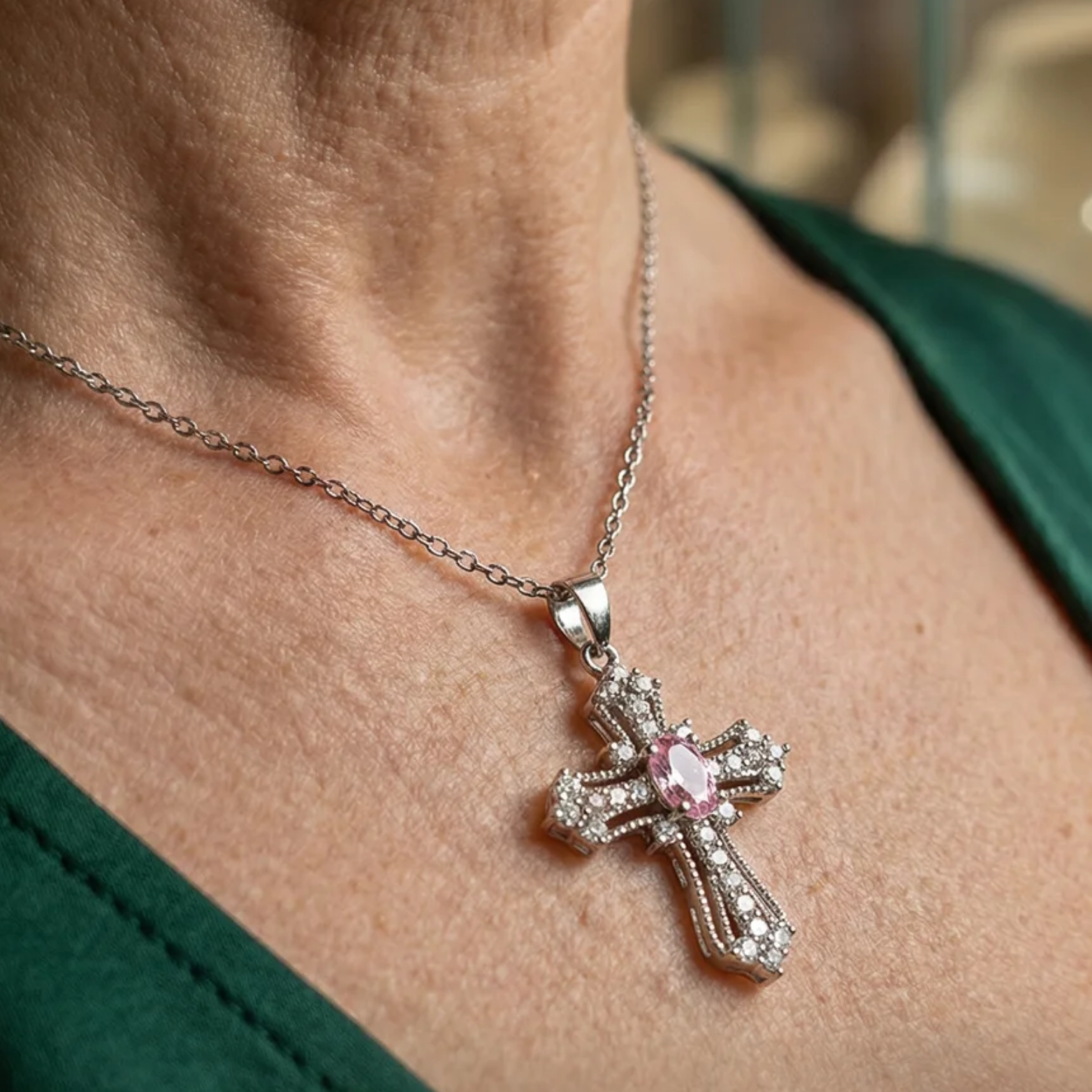 Celestial Pink Cross Necklace | White Gold Maya Henry Jewelry