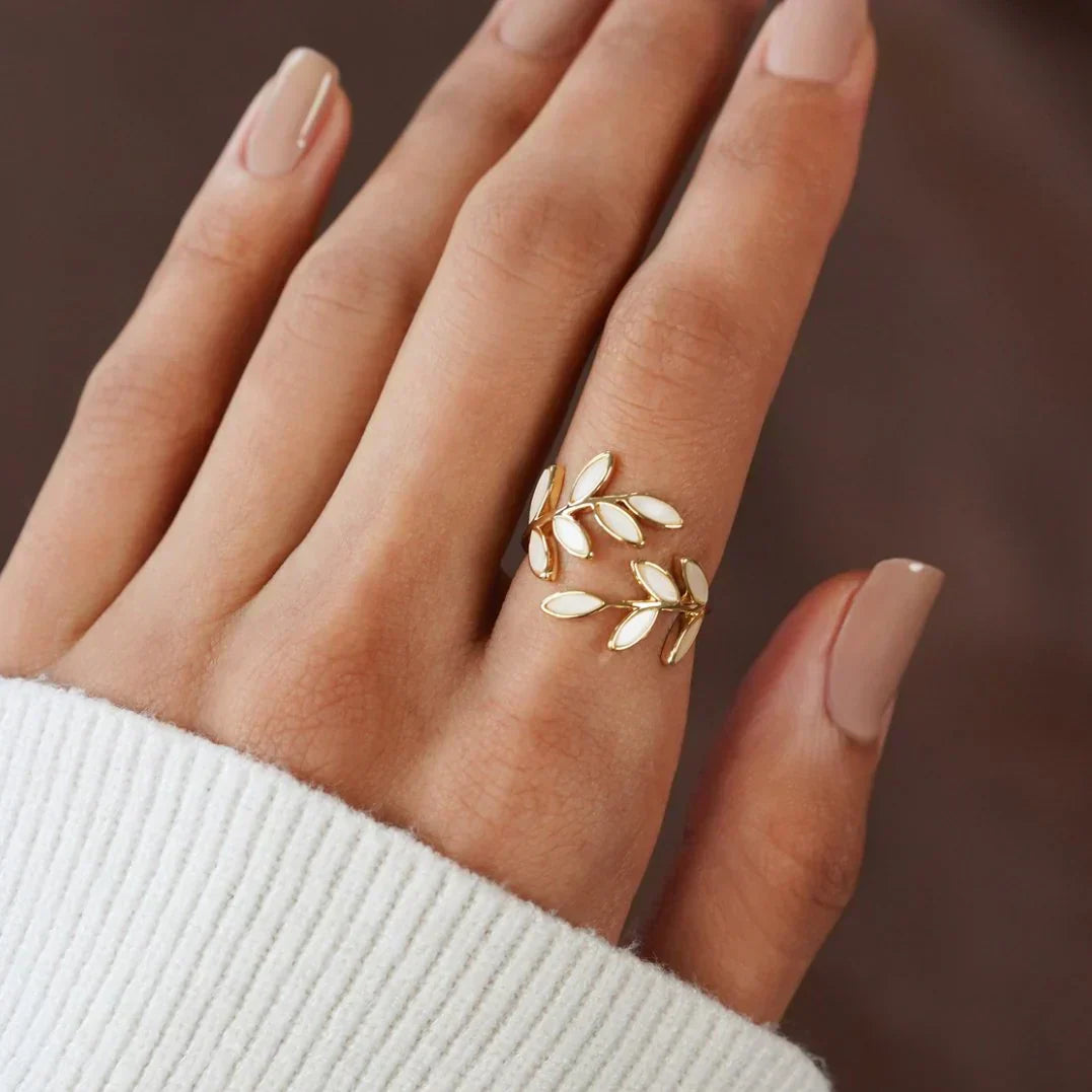 Pure - White Opal Leaf Adjustable Ring Maya Henry Jewelry