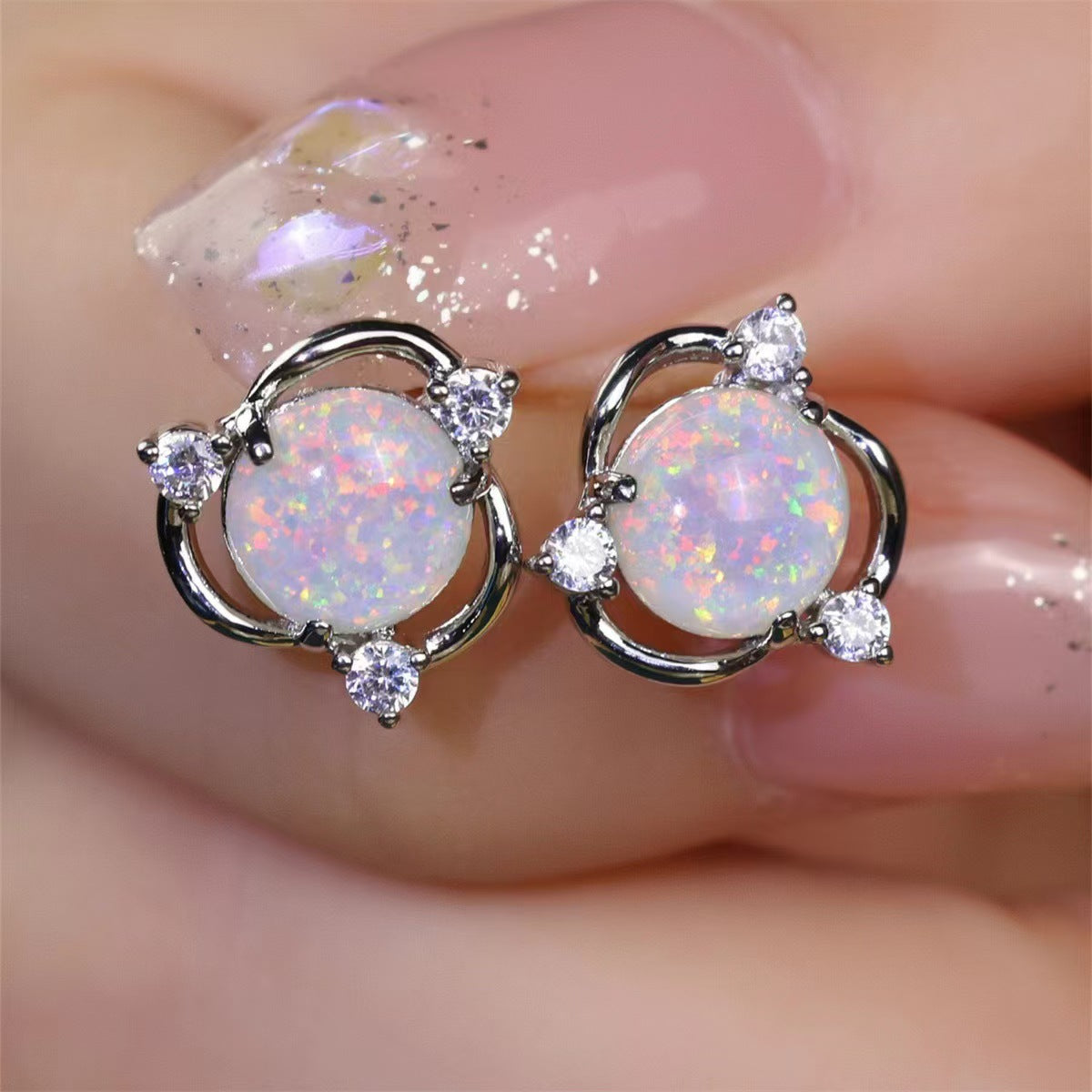 Opal Trio Stud Earrings | White Gold Maya Henry Jewelry