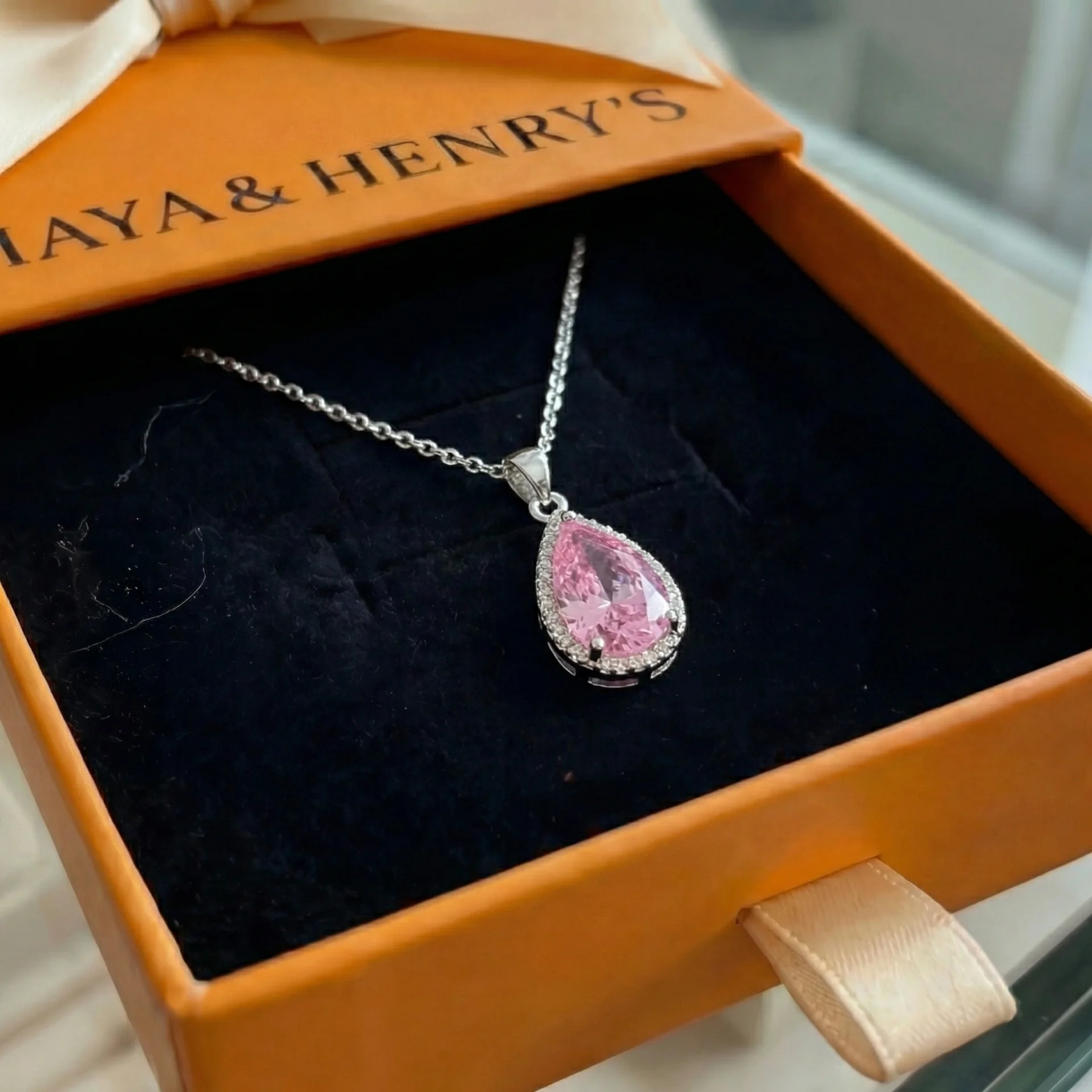 Pink Teardrop Necklace | White Gold Maya Henry Jewelry