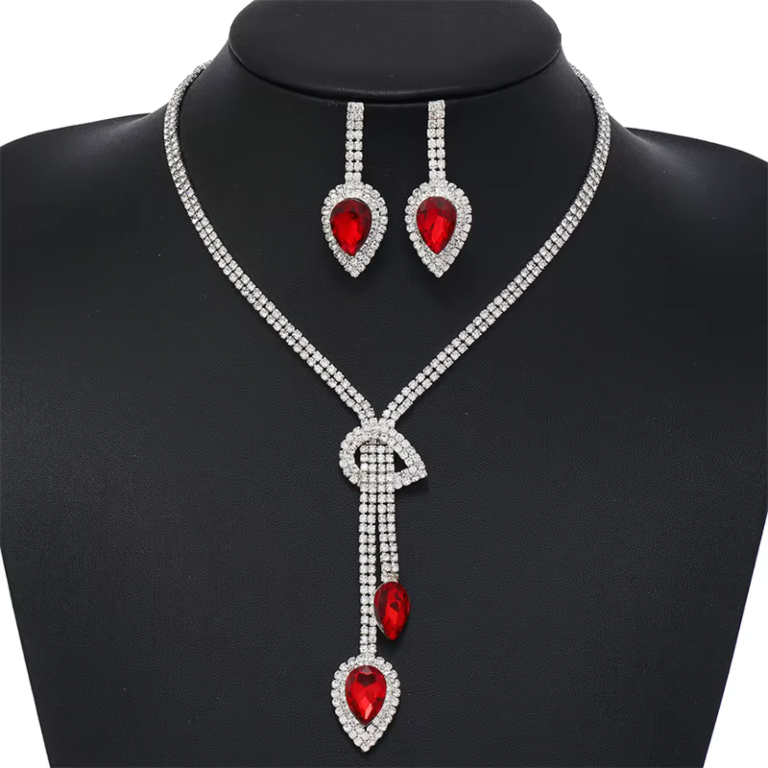 Red Rhinestone Necklace & Earring Set Maya Henry Jewelry
