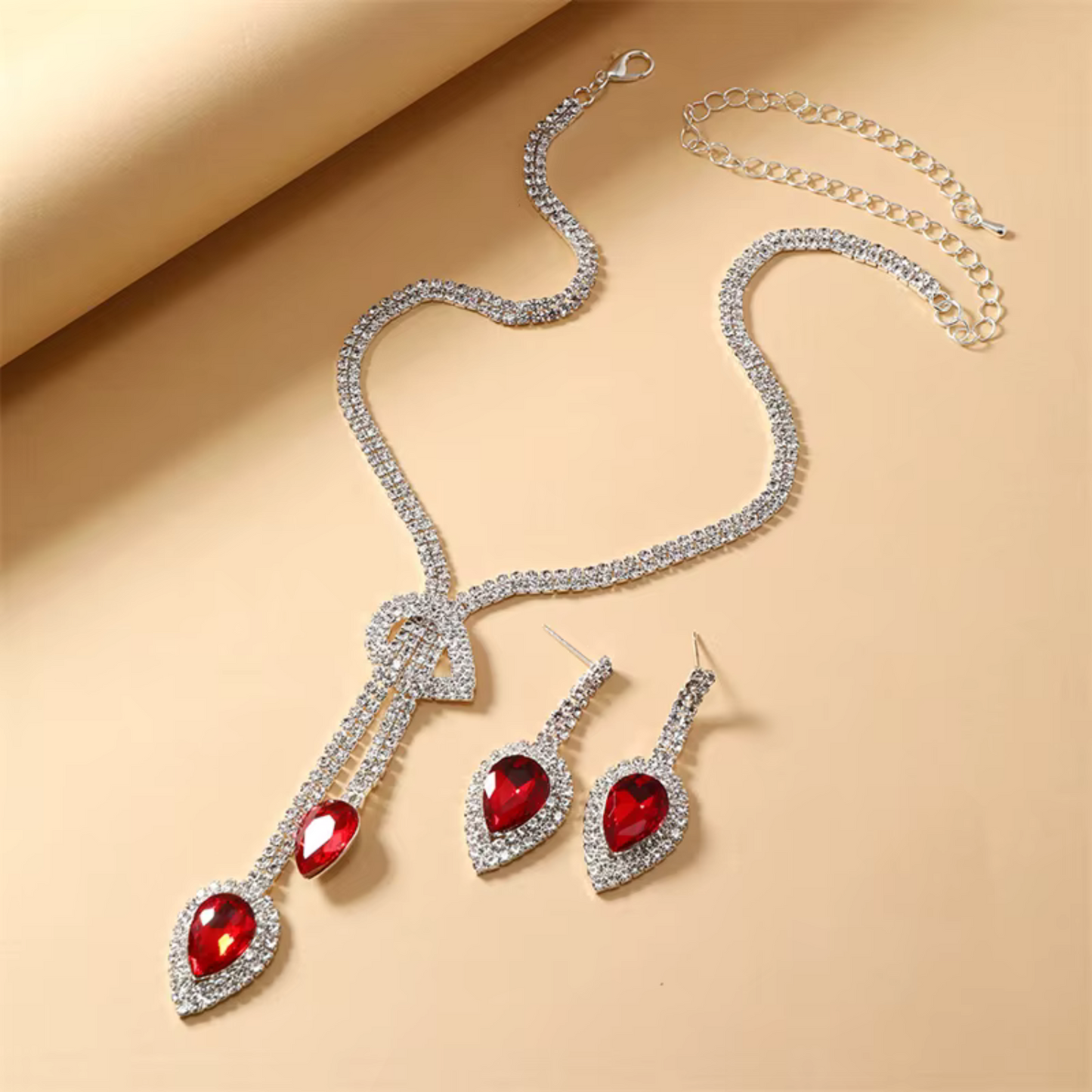 Red Rhinestone Necklace & Earring Set Maya Henry Jewelry