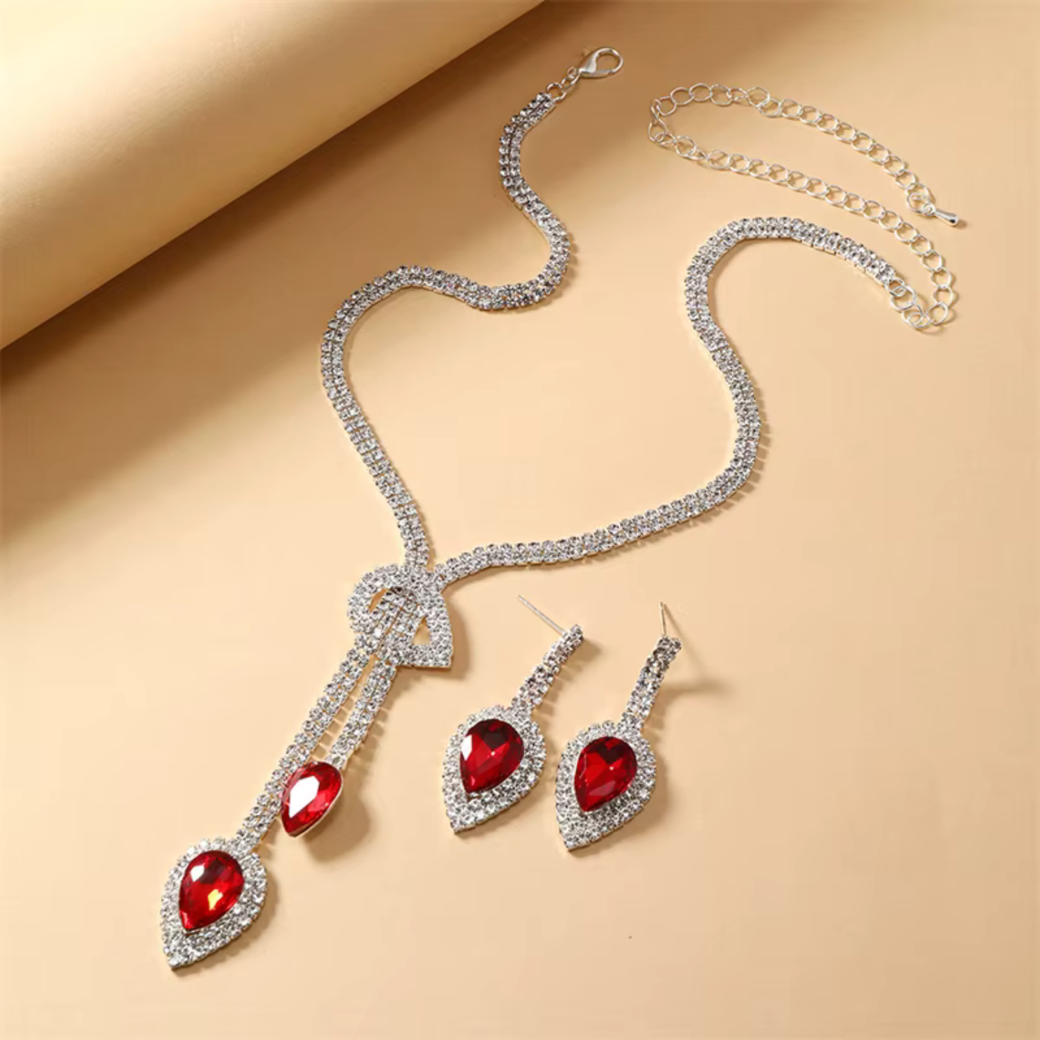 Red Rhinestone Necklace & Earring Set Maya Henry Jewelry