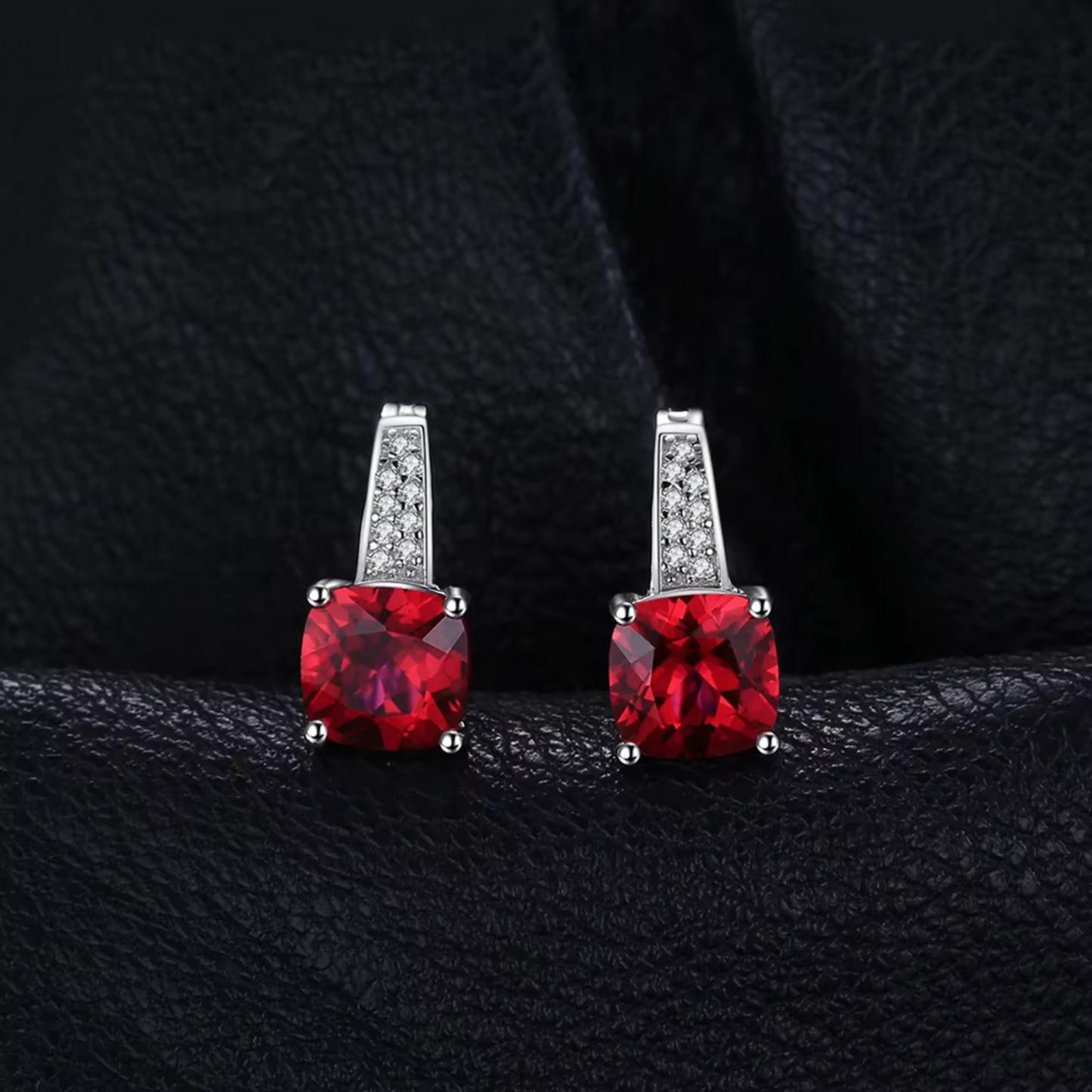 Rhodium-Plated Cushion Ruby Stud Earrings Maya Henry Jewelry