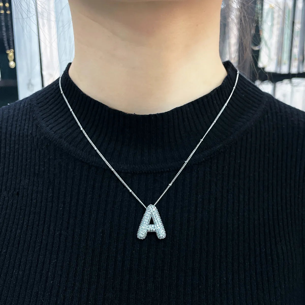 Bubble letter initial necklace set | White Gold Maya Henry Jewelry