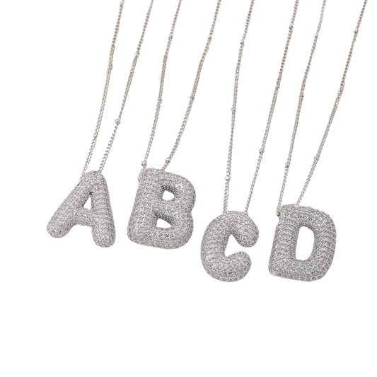 Bubble letter initial necklace set | White Gold Maya Henry Jewelry