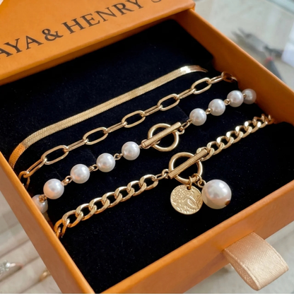Chic Gold 4-Piece Bracelet Set - Snake, Pearls & Links | Gold Maya Henry Jewelry