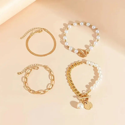 Chic Gold 4-Piece Bracelet Set - Snake, Pearls & Links | Gold Maya Henry Jewelry
