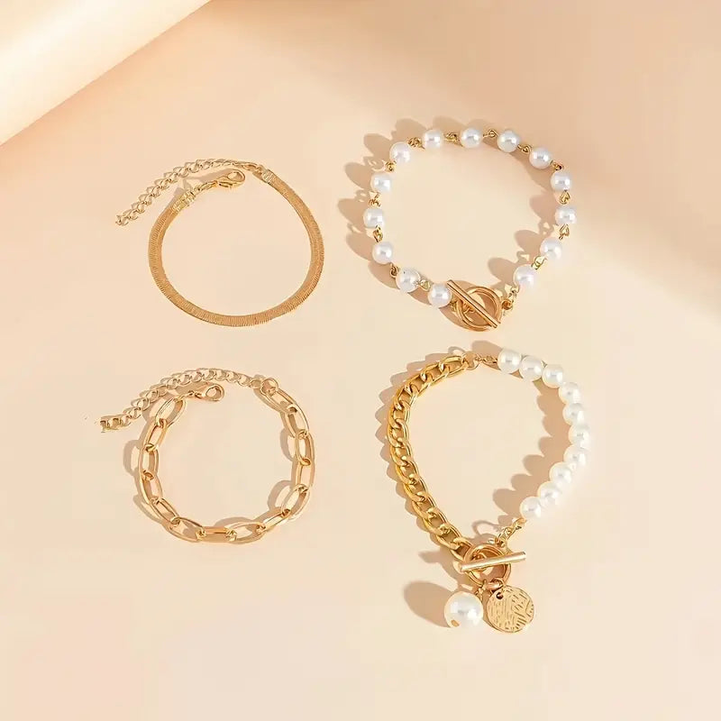 Chic Gold 4-Piece Bracelet Set - Snake, Pearls & Links | Gold Maya Henry Jewelry