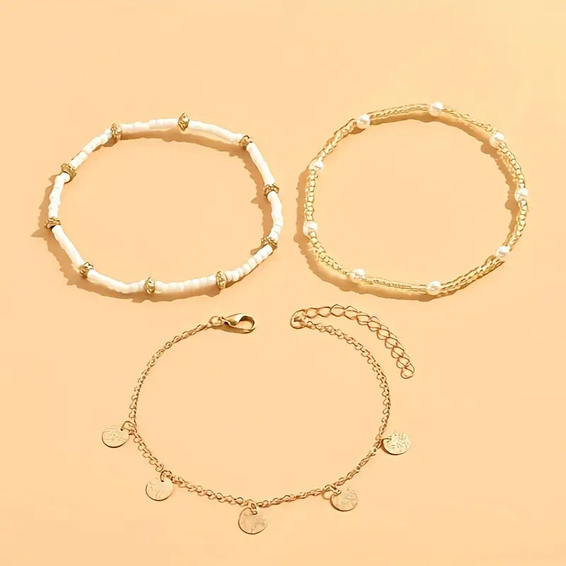 Coastal Charm 3-Piece Layered Anklet Set | Gold Maya Henry Jewelry