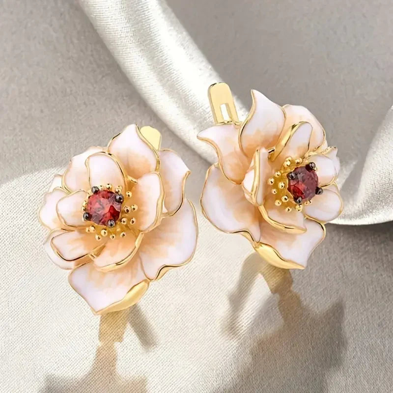 White Flower Red Zirconia Earrings | Gold Maya Henry Jewelry