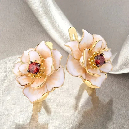 White Flower Red Zirconia Earrings | Gold Maya Henry Jewelry