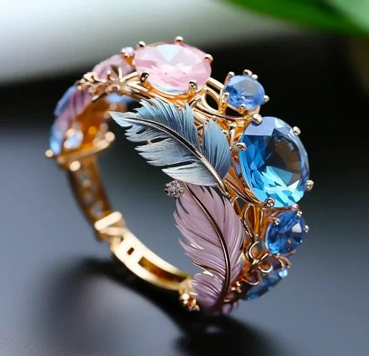 Antique Exotic Feather Crystal Ring | Gold Maya Henry Jewelry
