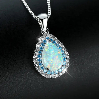 Elegant Blue Opal Drop Sparkling Necklace | White Gold Maya Henry Jewelry